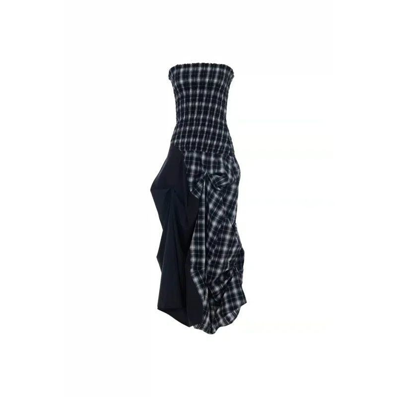 Dual-Wear Structured Plaid Strapless Maxi Dress
