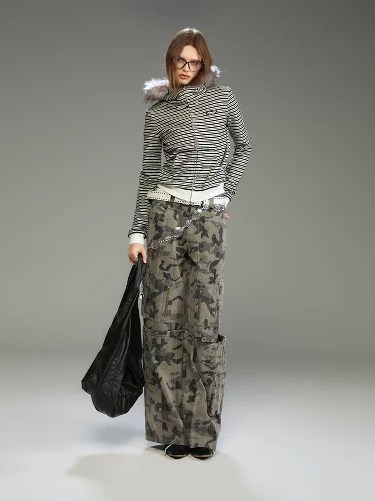 Vintage American Faux-Fur Collar Striped Hoodie Set – Crop Top & Shorts