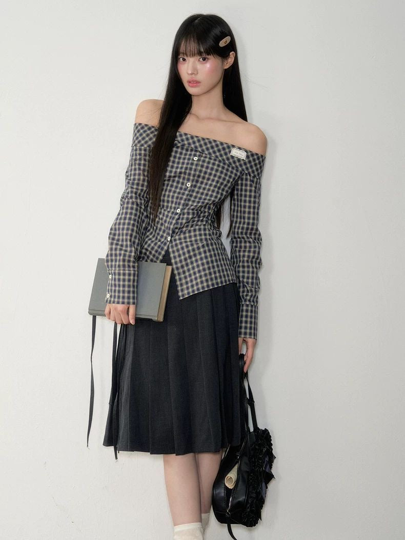 Navy Off-Shoulder Korean-Style Waist-Defined Slimming Plaid Shirt Dress