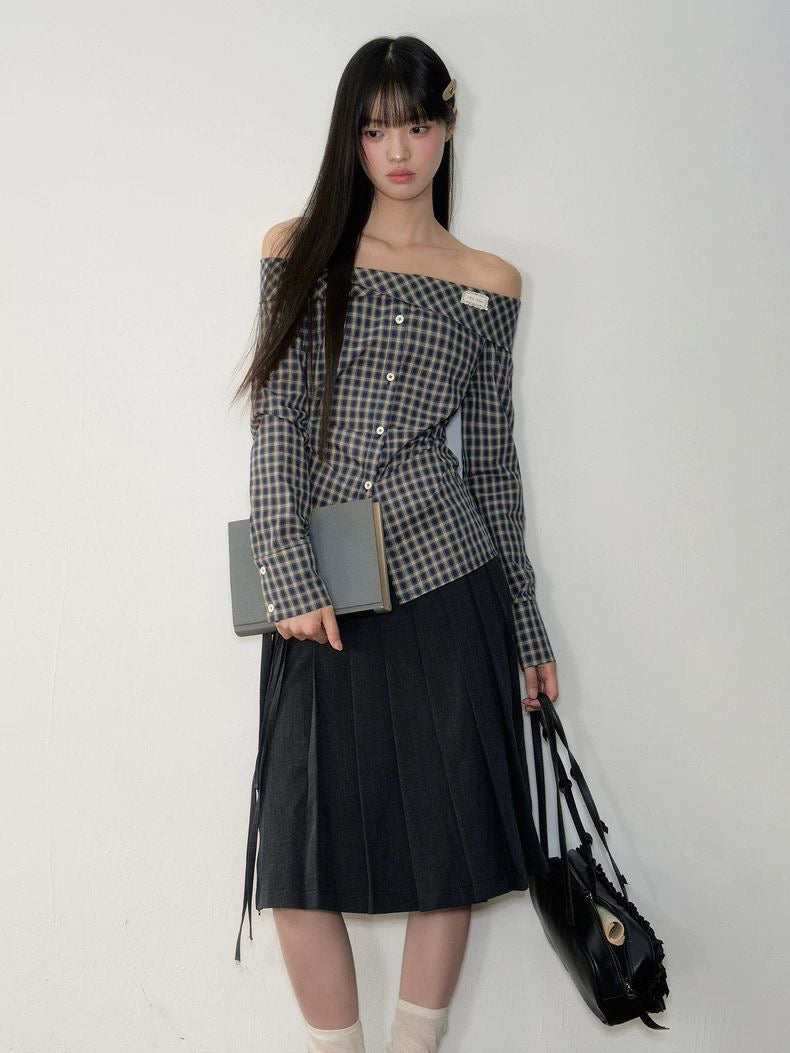 Navy Off-Shoulder Korean-Style Waist-Defined Slimming Plaid Shirt Dress