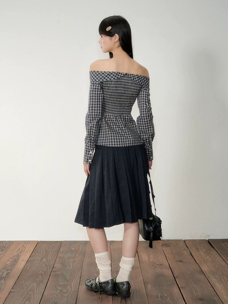 Navy Off-Shoulder Korean-Style Waist-Defined Slimming Plaid Shirt Dress