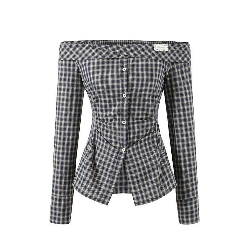 Navy Off-Shoulder Korean-Style Waist-Defined Slimming Plaid Shirt Dress