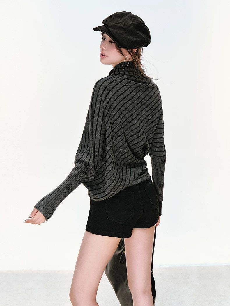 Striped Knit Polo Sweater – Batwing Sleeve Loose Fit Top