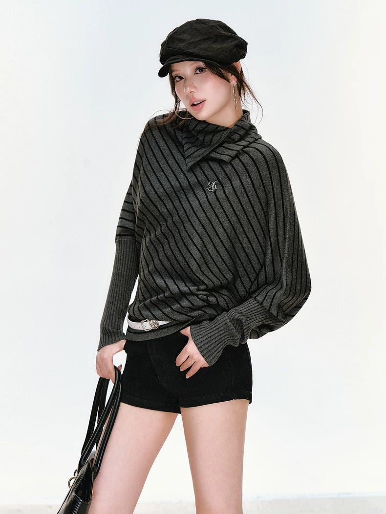 Striped Knit Polo Sweater – Batwing Sleeve Loose Fit Top