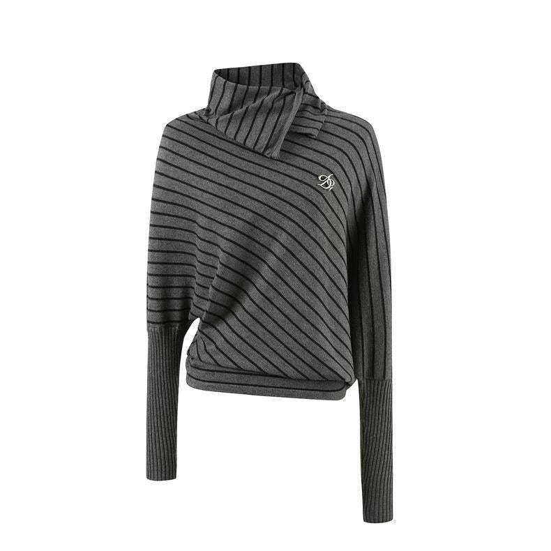 Striped Knit Polo Sweater – Batwing Sleeve Loose Fit Top