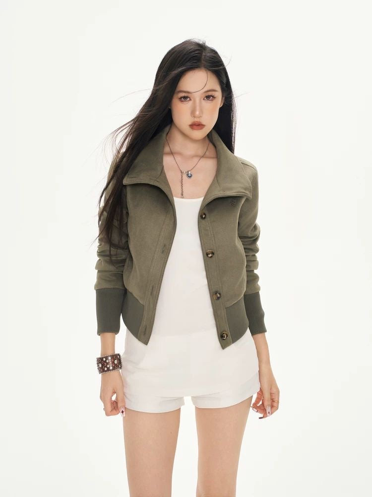 Cropped Suede-Look Jacket – Waist-Defined Slim Fit