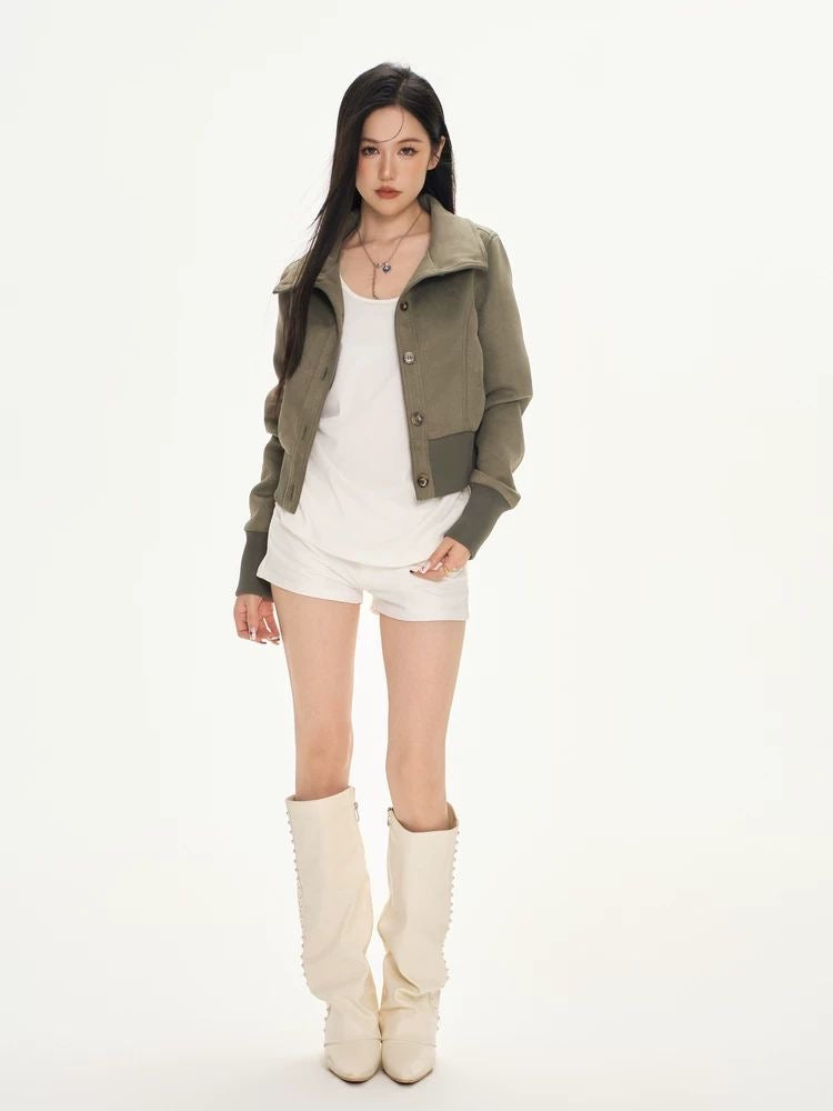 Cropped Suede-Look Jacket – Waist-Defined Slim Fit