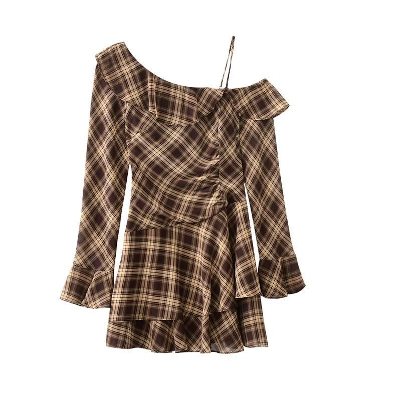 French Vintage Ruffled Plaid Dress – Irregular Hem Waist-Defined Dress