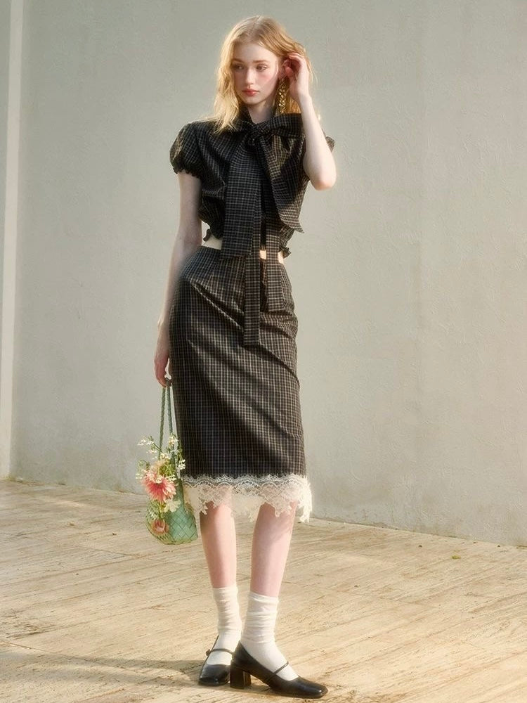 Checkered Bow-Tie Top & Lace-Trim Skirt Set
