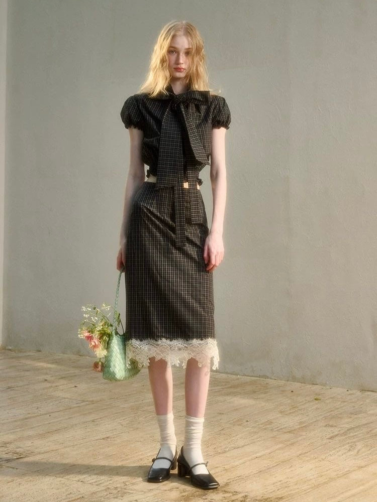 Checkered Bow-Tie Top & Lace-Trim Skirt Set