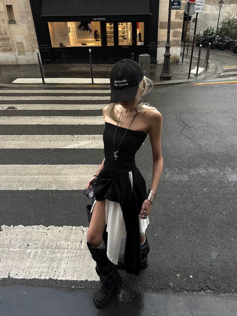 Black Strapless Asymmetrical Dress