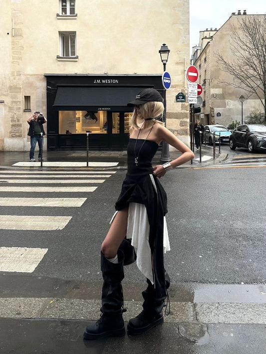 Black Strapless Asymmetrical Dress