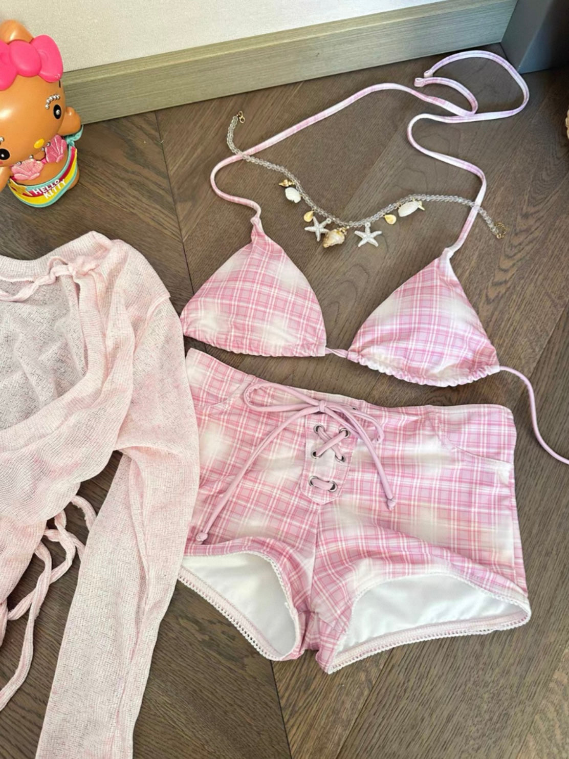 Sweet Pink Check Bikini Set (3-Piece)
