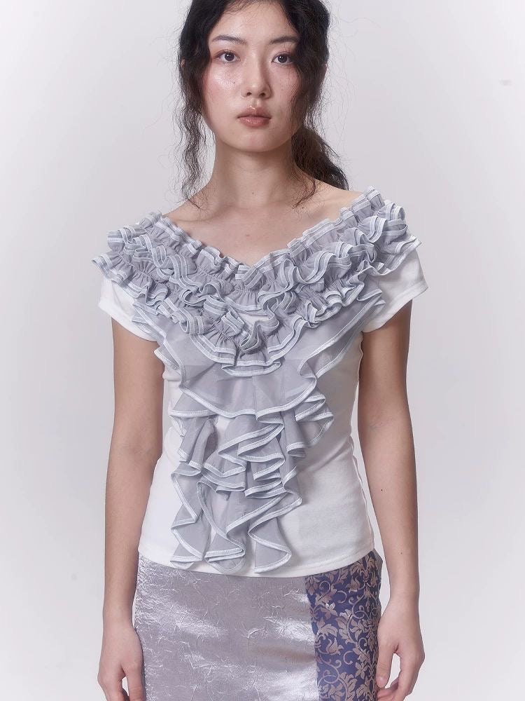 Wavy Trim Off-Shoulder Short Sleeve Top