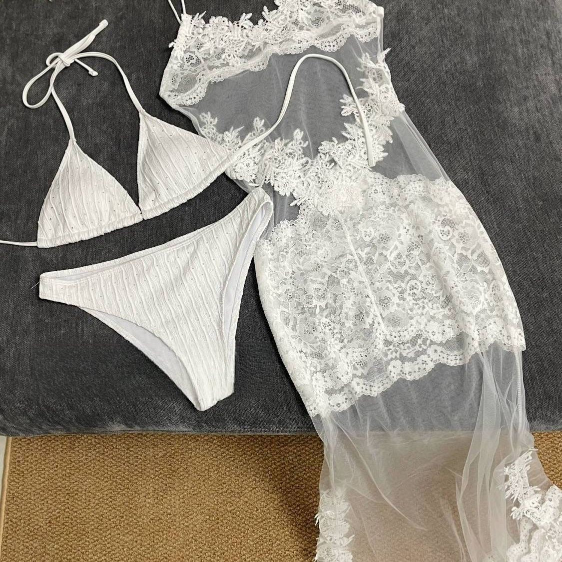 Lace Bikini Three-Piece Set with Mermaid Maxi Skirt