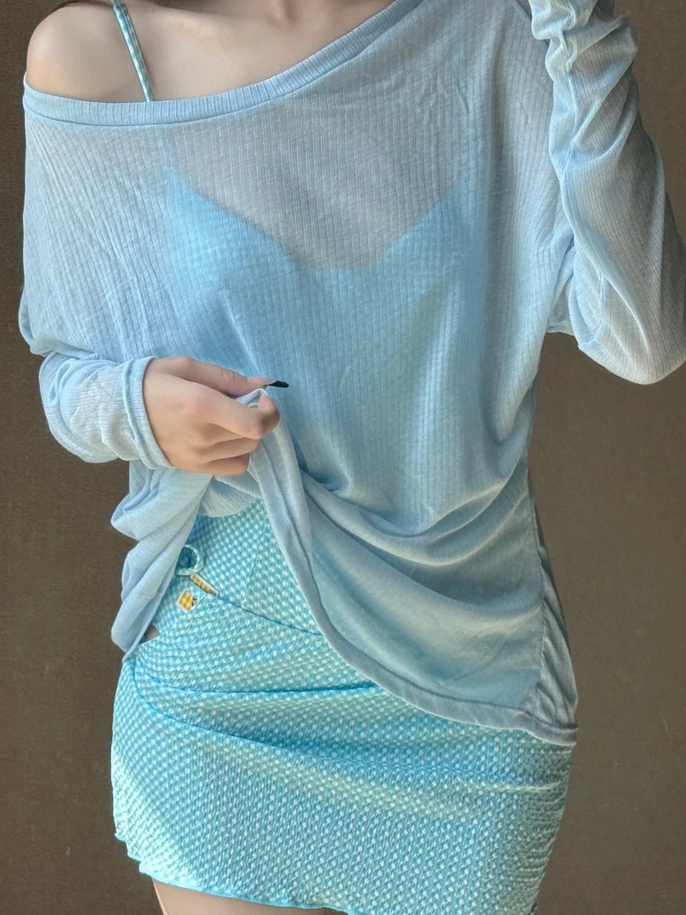 Aqua Gingham One-Piece Swimsuit With Skirt And Cover-up
