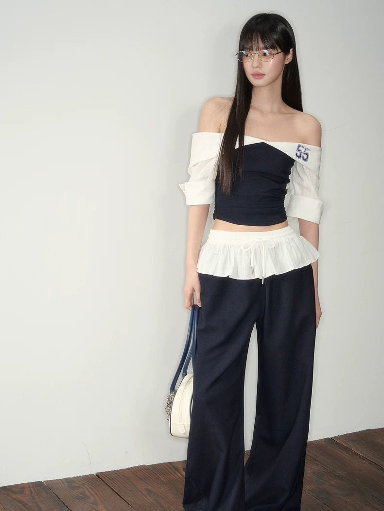 Sporty Sweetheart Off-Shoulder Top with Ruffle Trim & Curved-Hem Colorblock Pants