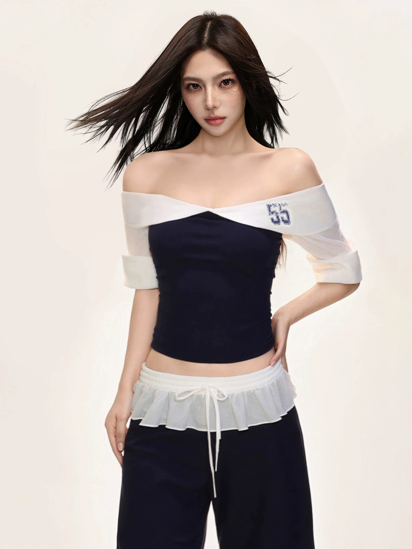 Sporty Sweetheart Off-Shoulder Top with Ruffle Trim & Curved-Hem Colorblock Pants