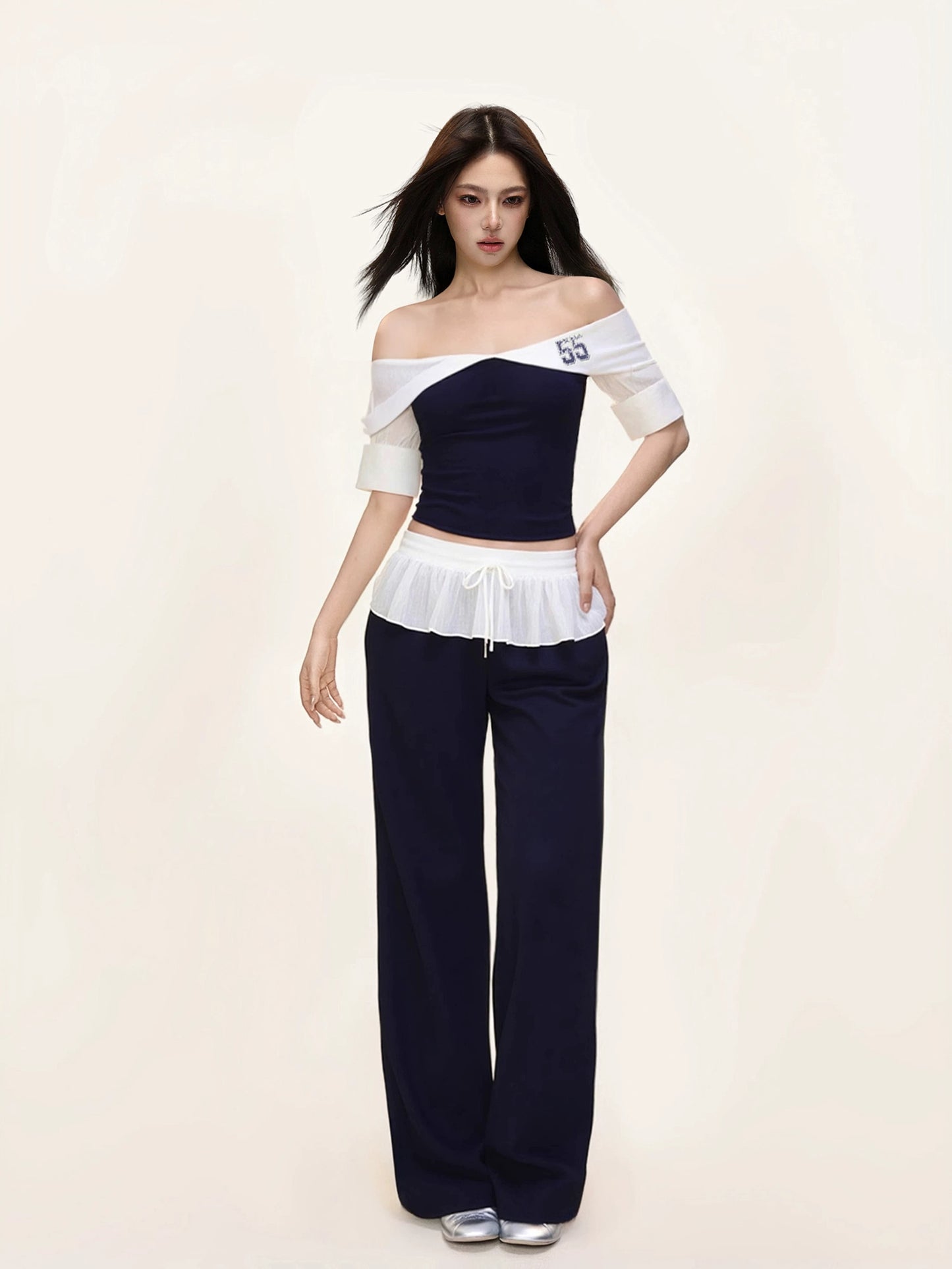 Sporty Sweetheart Off-Shoulder Top with Ruffle Trim & Curved-Hem Colorblock Pants