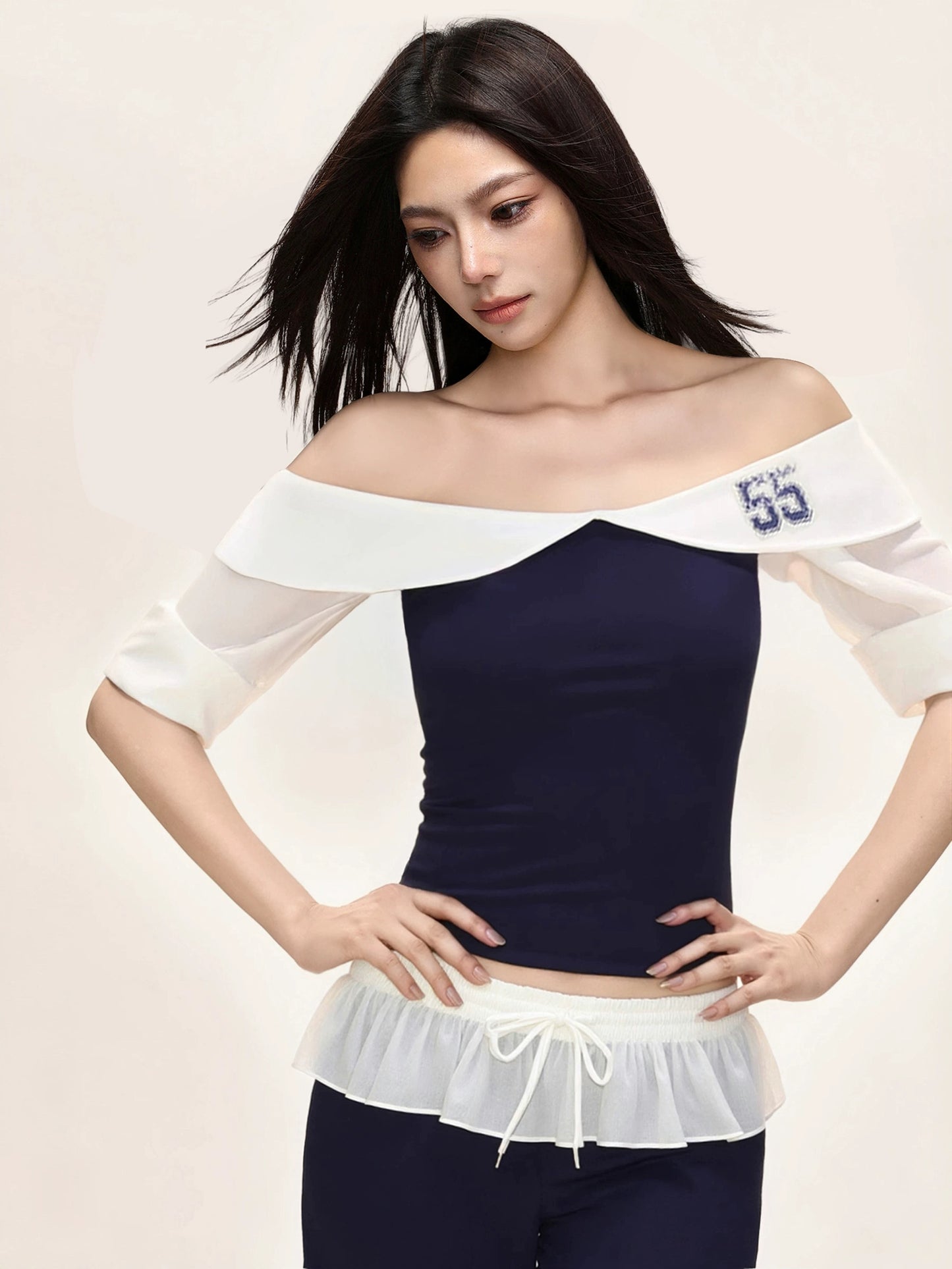 Sporty Sweetheart Off-Shoulder Top with Ruffle Trim & Curved-Hem Colorblock Pants