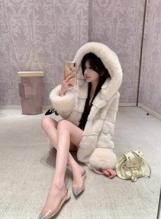 ‘Snow Fairy’ - Hooded Mid-Length White Fur Coat