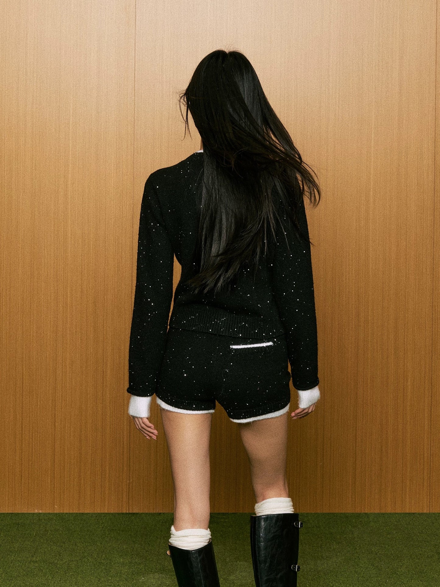 Elegant Tweed-Inspired Sequin Knit Cardigan & Shorts Set – Faux Two-Piece Design