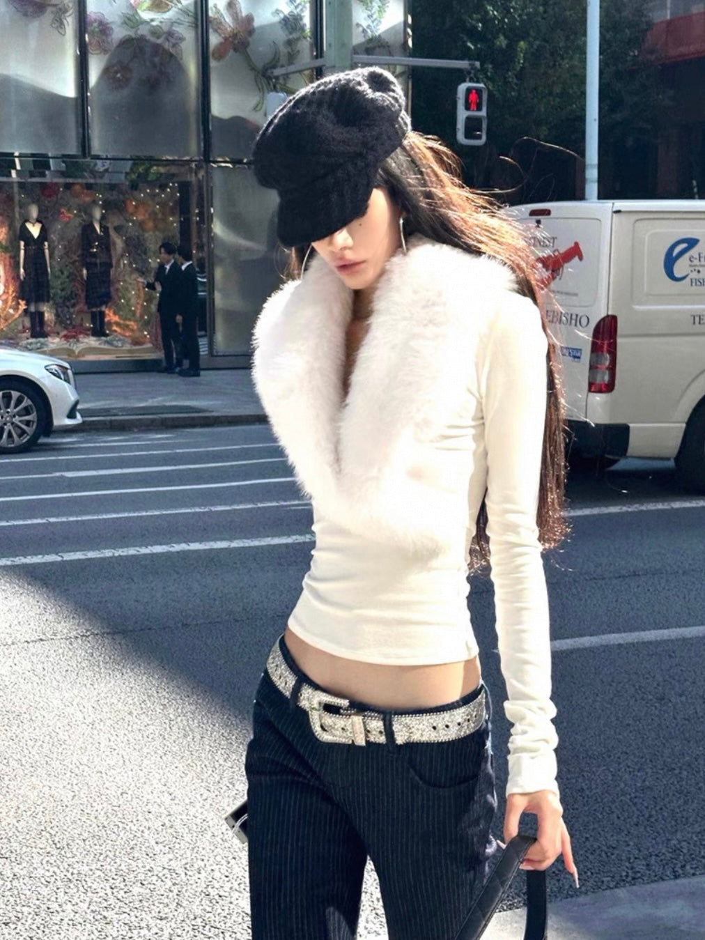 Hot Girl Slim Fit Base Top with Statement Faux Fur Collar – Black & White