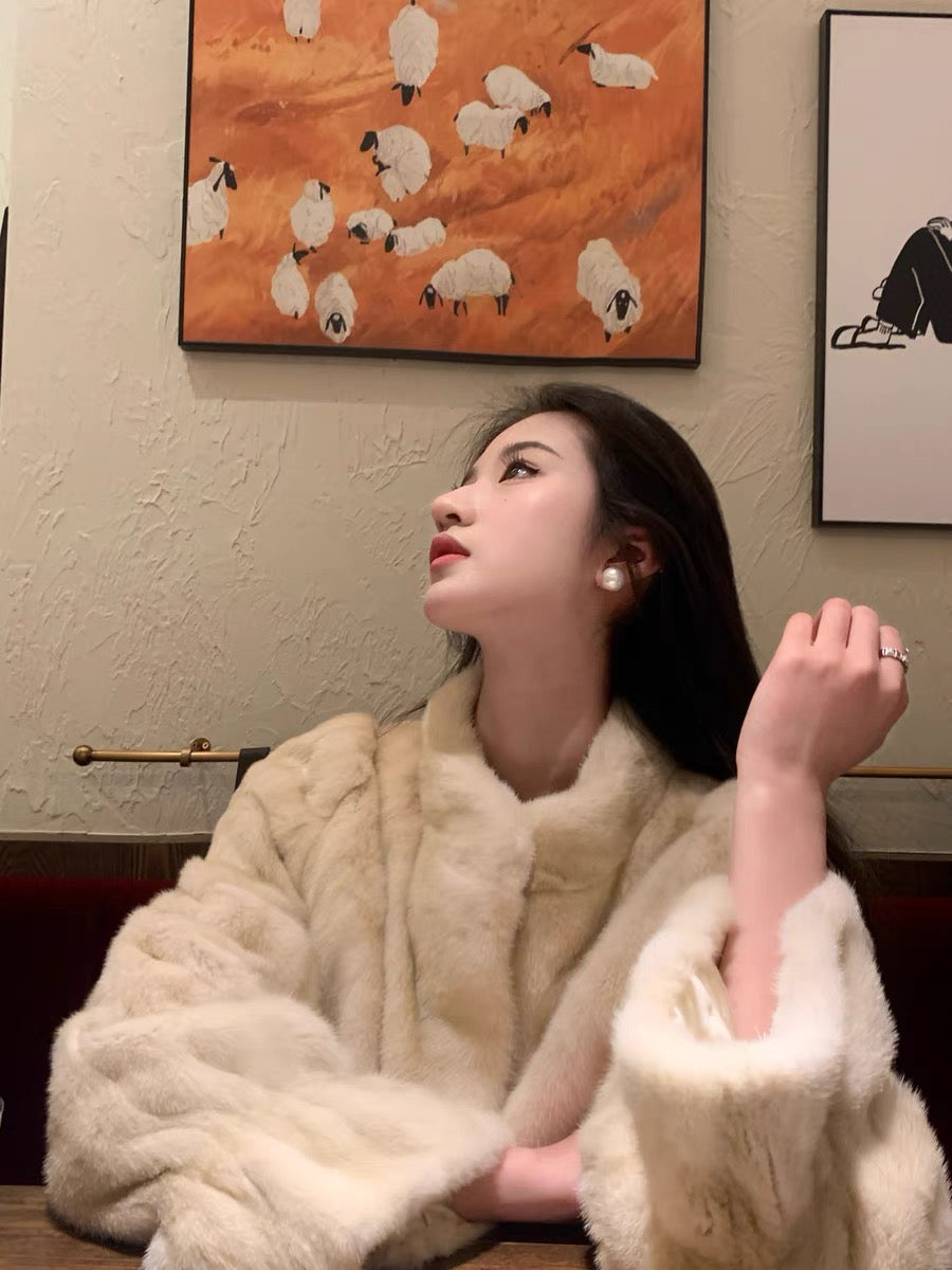 Elegant Faux Mink Fur Velvet Coat – Short Shearling Style with Stand Collar
