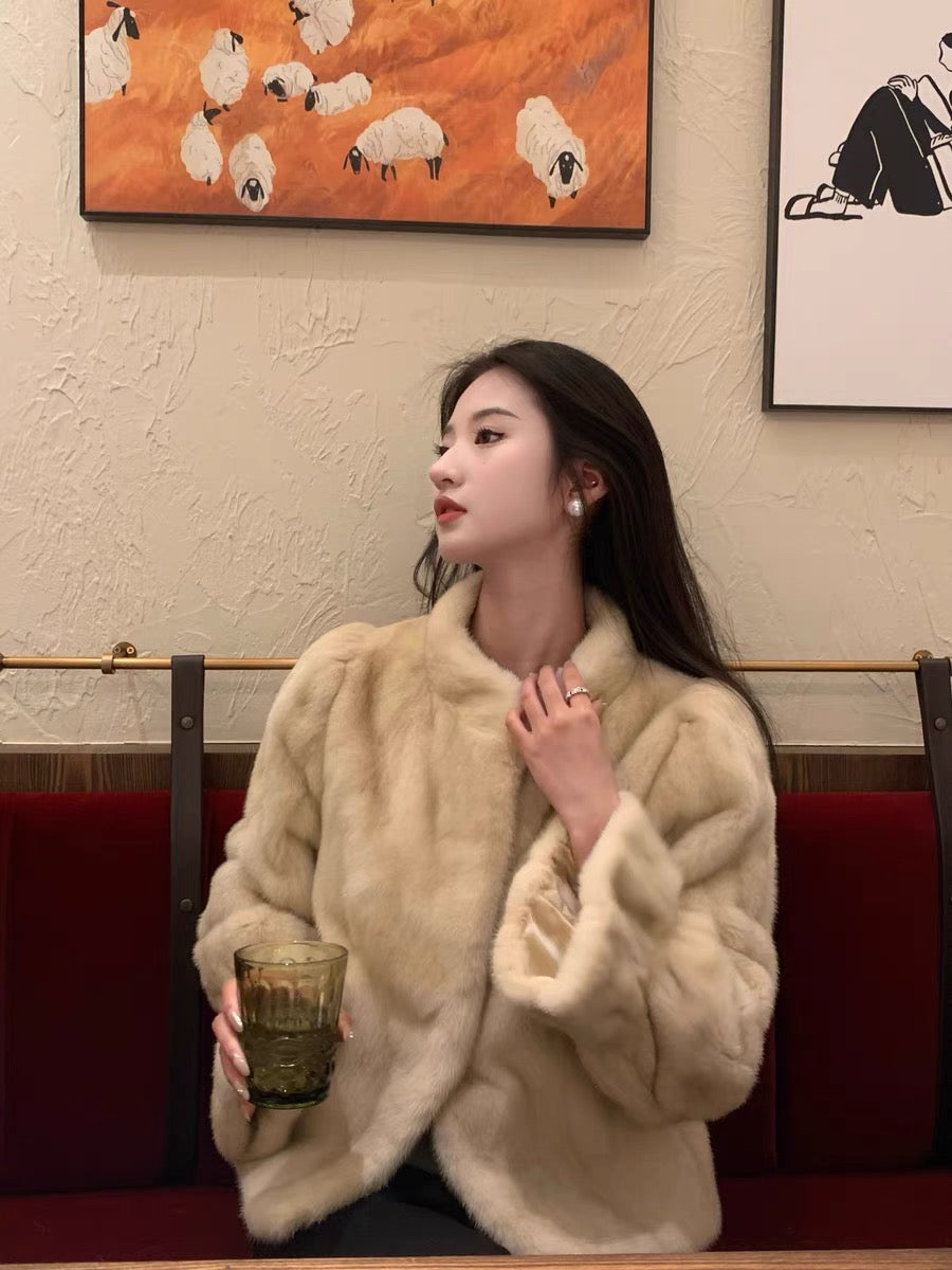 Elegant Faux Mink Fur Velvet Coat – Short Shearling Style with Stand Collar