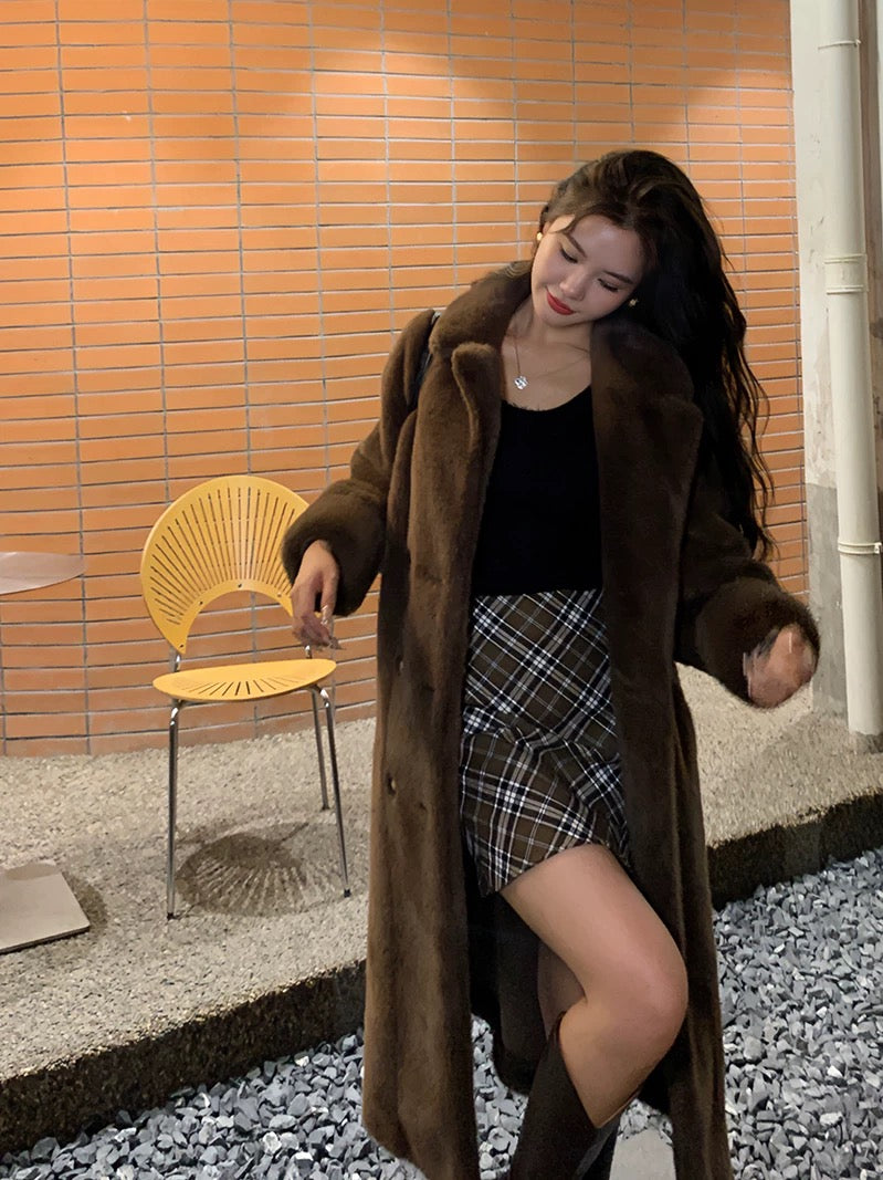 Luxury Full-Length Faux Mink Velvet Fur Coat – Dramatic Flared Hem, Coffee Brown Elegance