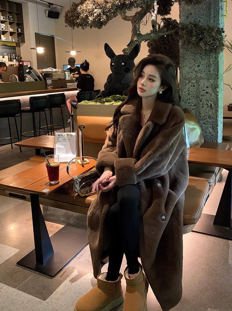 Luxury Full-Length Faux Mink Velvet Fur Coat – Dramatic Flared Hem, Coffee Brown Elegance