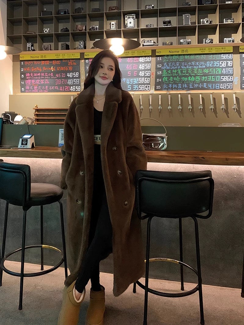 Luxury Full-Length Faux Mink Velvet Fur Coat – Dramatic Flared Hem, Coffee Brown Elegance