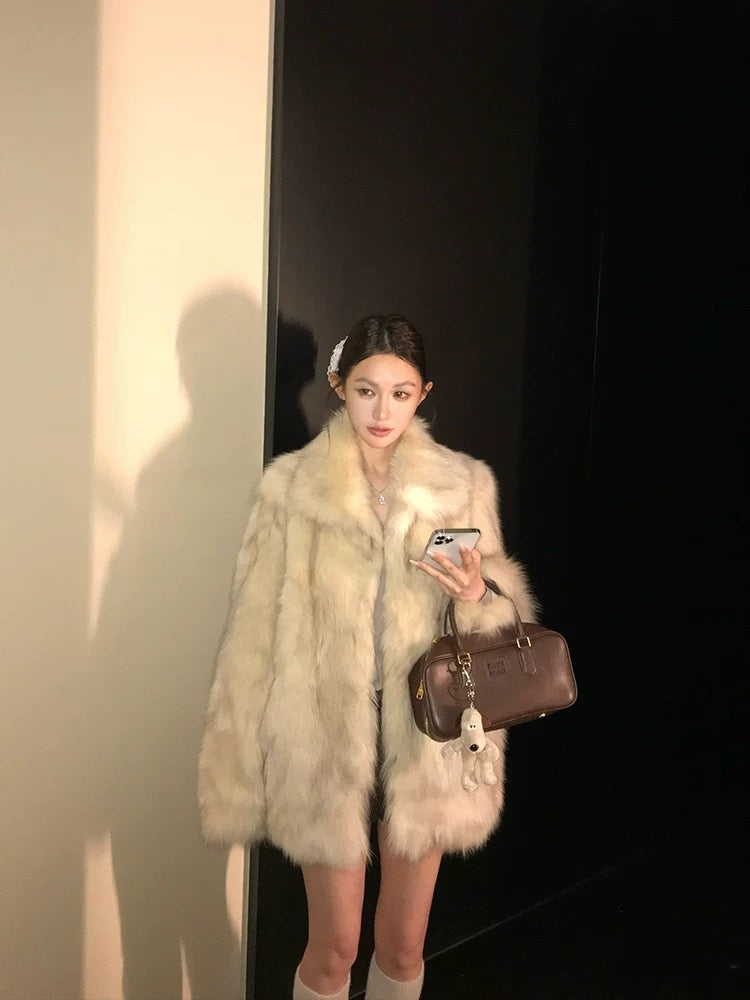 Statement Faux Fox Fur Coat – Mid-Length Fluffy Glam Jacket