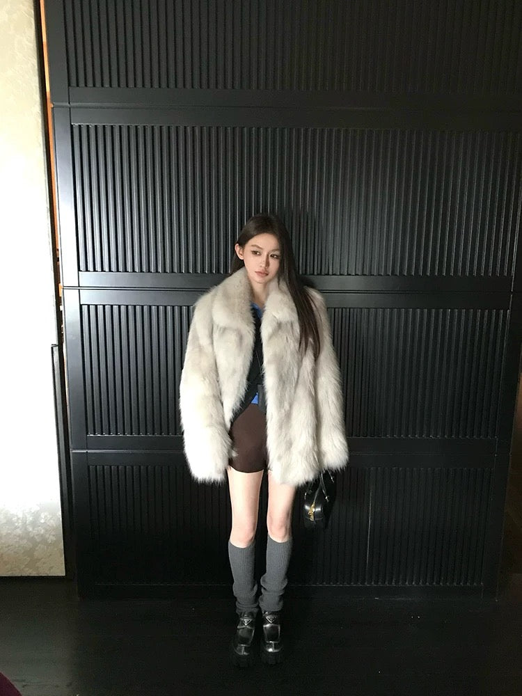 Statement Faux Fox Fur Coat – Mid-Length Fluffy Glam Jacket