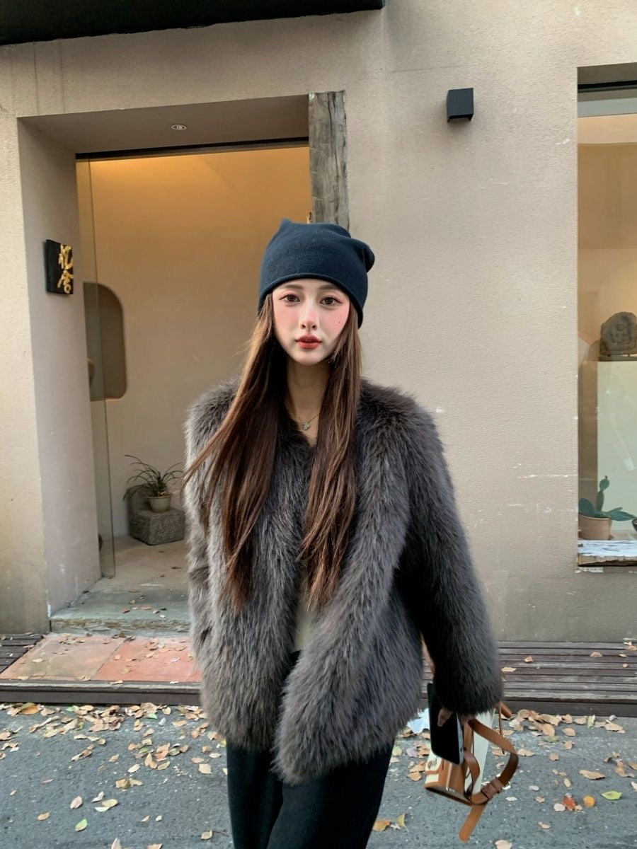 Eco-Friendly Faux Fur V-Neck Jacket – Cozy Winter Essential in Mocha, Almond & Black
