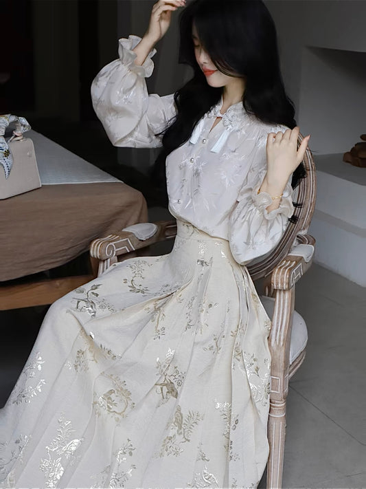 'Moonlit Garden' - Embroidered Blouse and Skirt Set