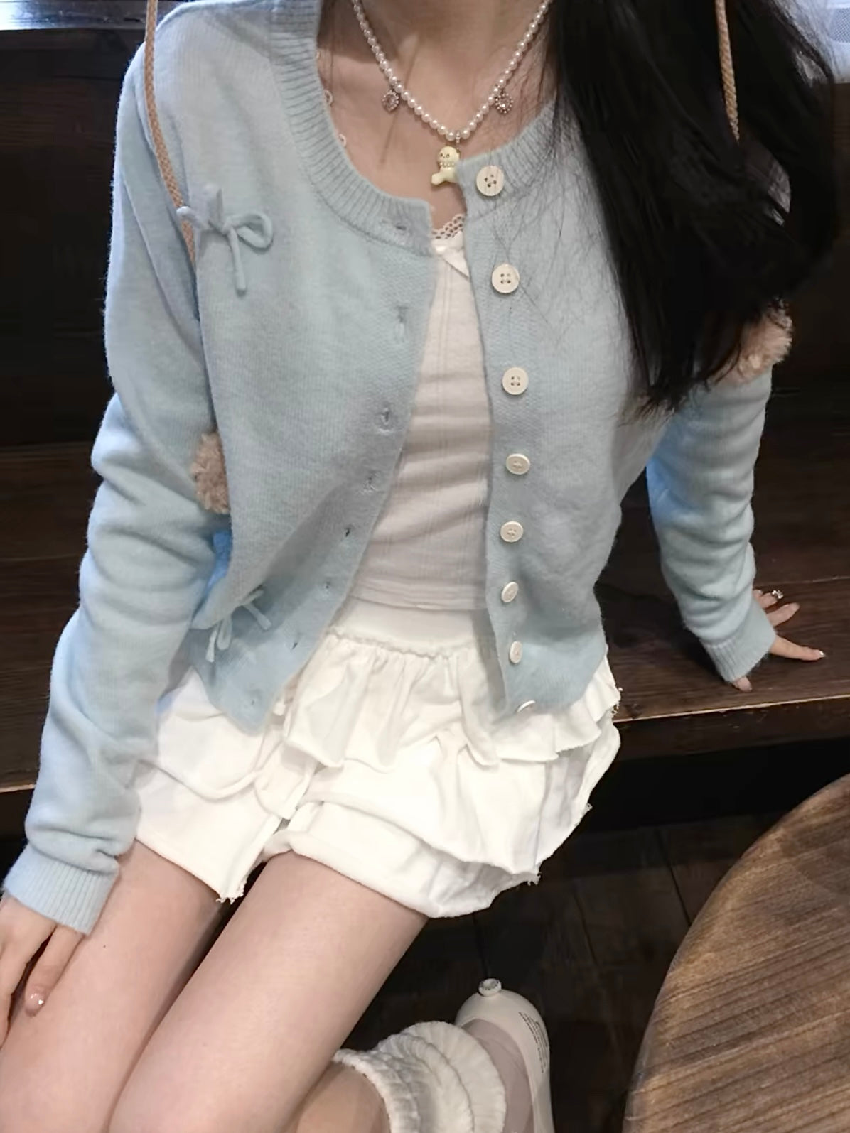 Whimsical Sky Blue Bow-Tie Cardigan