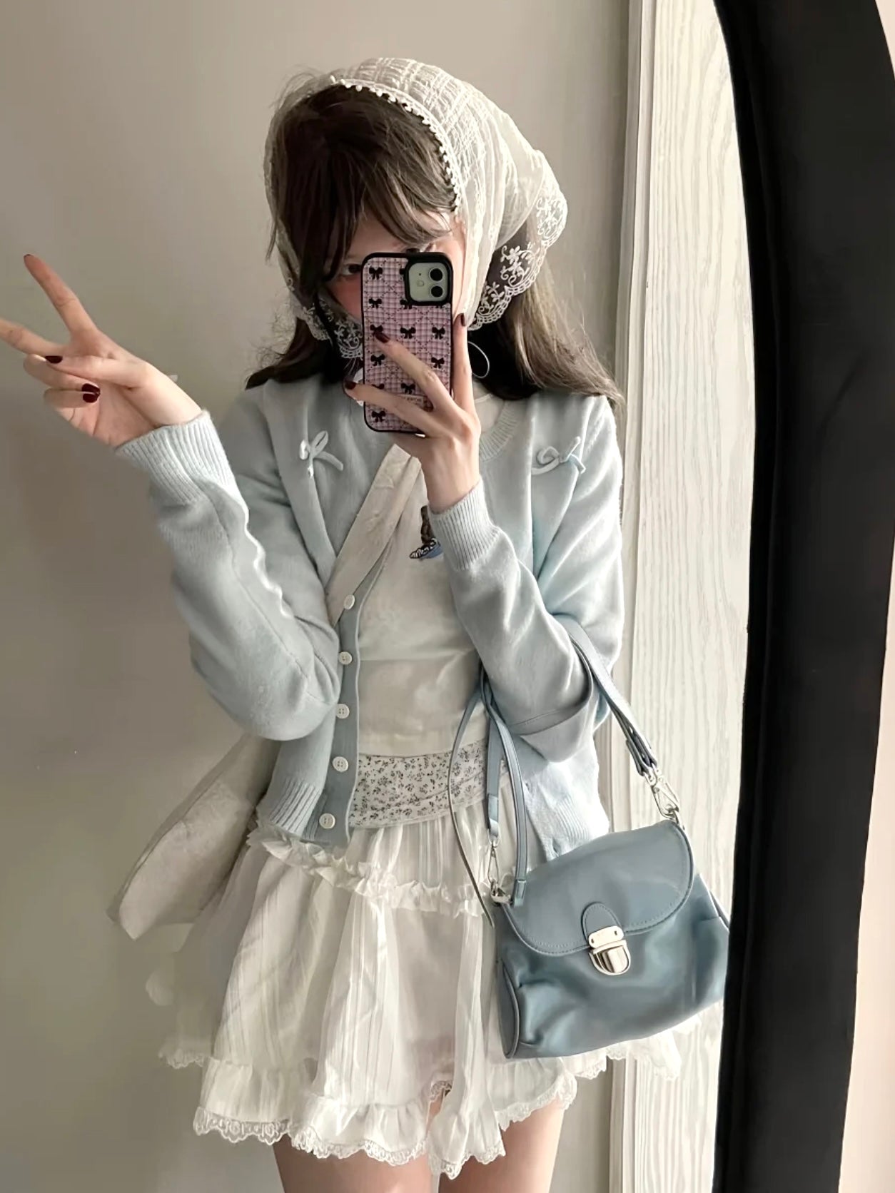 Whimsical Sky Blue Bow-Tie Cardigan