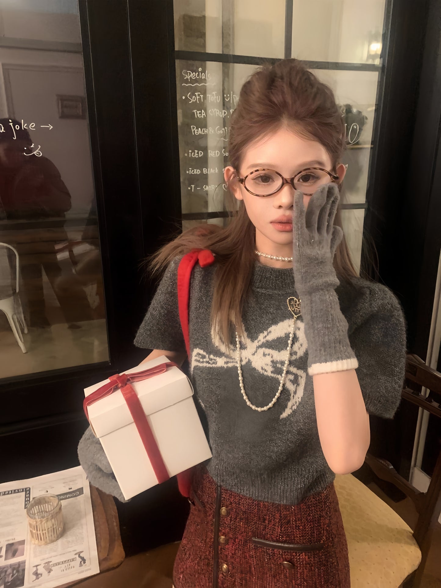 "Chic Charcoal Bow-Knit Sweater"