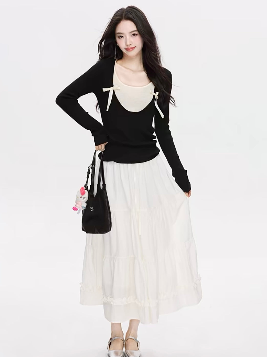 "Elegant Contrast Bow-Tie Cardigan"