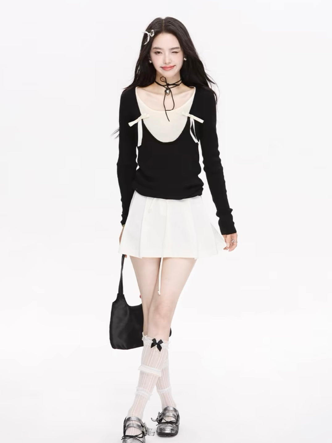 "Elegant Contrast Bow-Tie Cardigan"