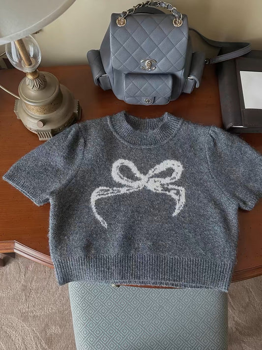 "Chic Charcoal Bow-Knit Sweater"