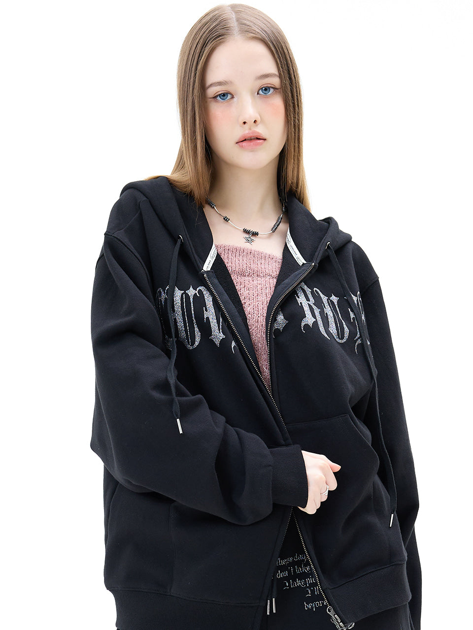 LUVISTRUE MZ 2-WAY GLITTER HOOD ZIP UP IN BLACK
