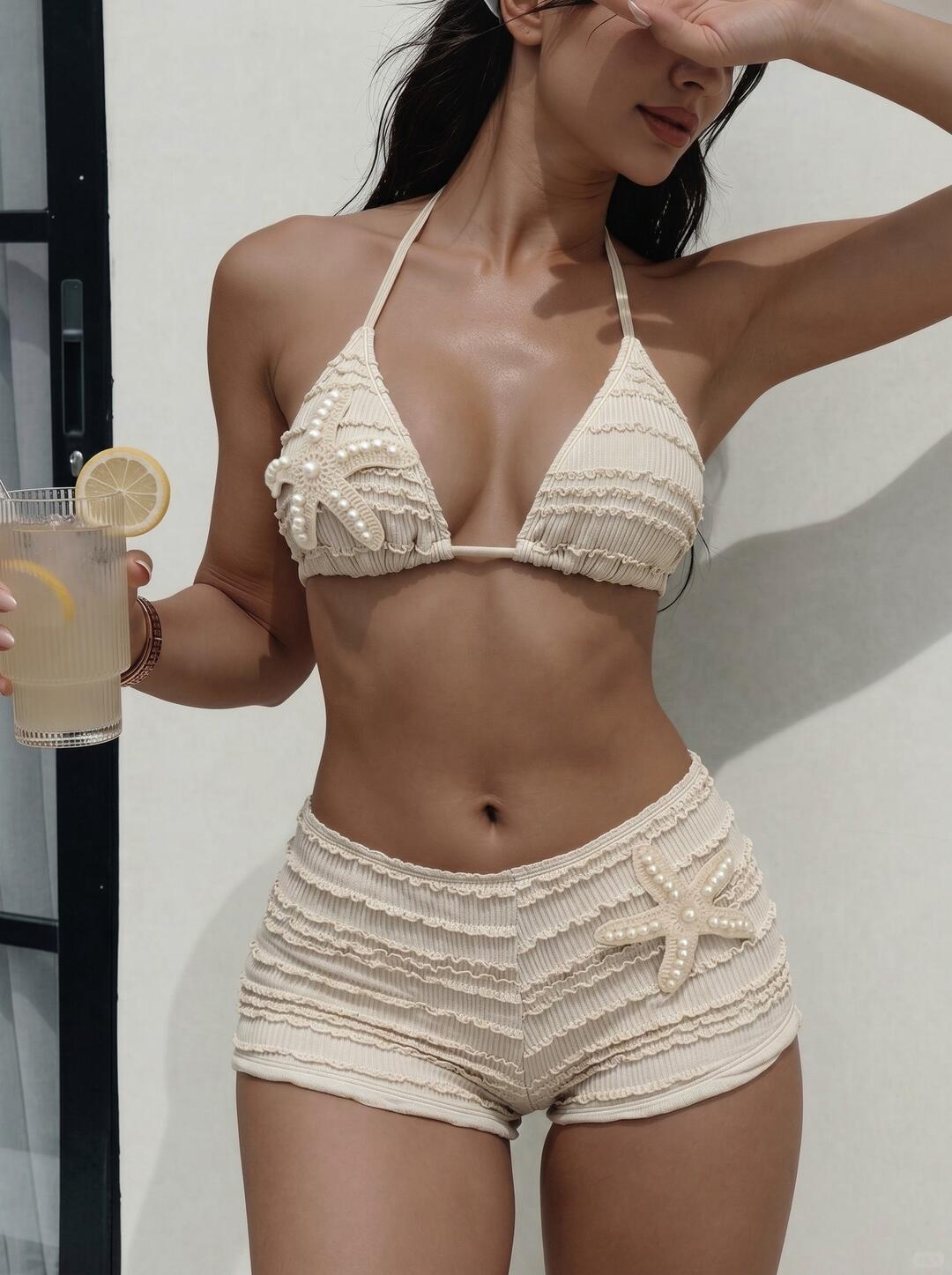 Ivory Pearl Starfish Bikini Set with Shorts