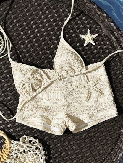 Ivory Pearl Starfish Bikini Set with Shorts