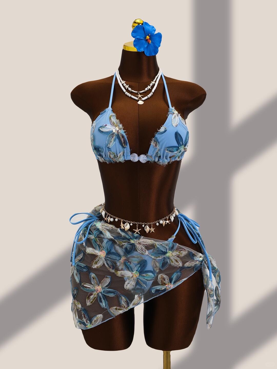 Pastel Floral Appliqué Bikini Set with Sarong