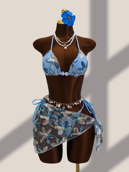 Pastel Floral Appliqué Bikini Set with Sarong