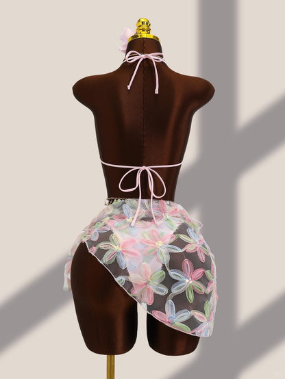 Pastel Floral Appliqué Bikini Set with Sarong