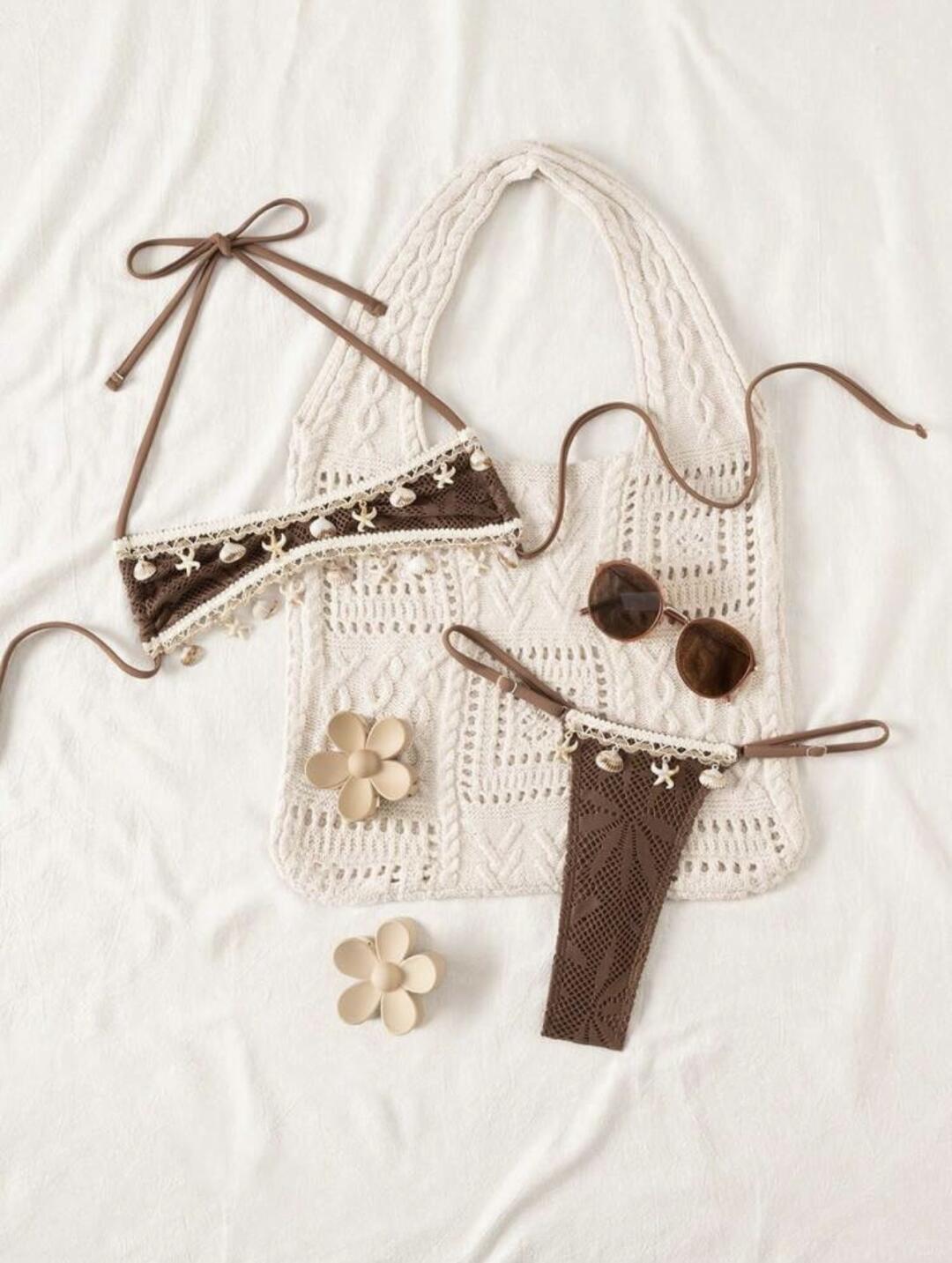 Chocolate Seashell Crochet Bikini Set