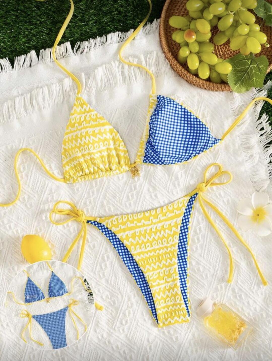 Lemon Gingham Triangle Bikini Set